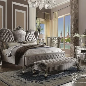 Set Tempat Tidur Antik Ukir Silver Velvet